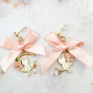 Whimsical Cat on Moon Drop Earrings Pink Bow & Sakura Blossom Dangle Jewelry
